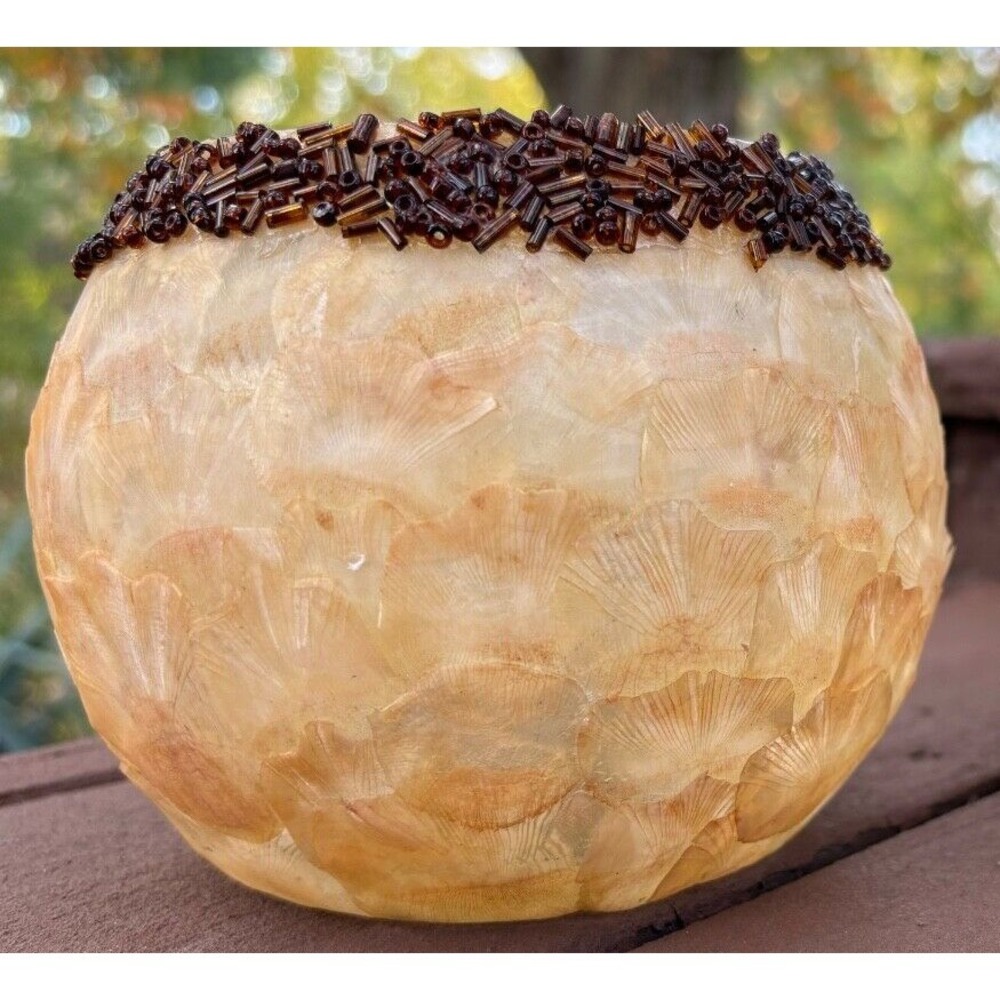 Capiz Shell With Brown Glass Beaded Rim Candle Holder 8" Philippines